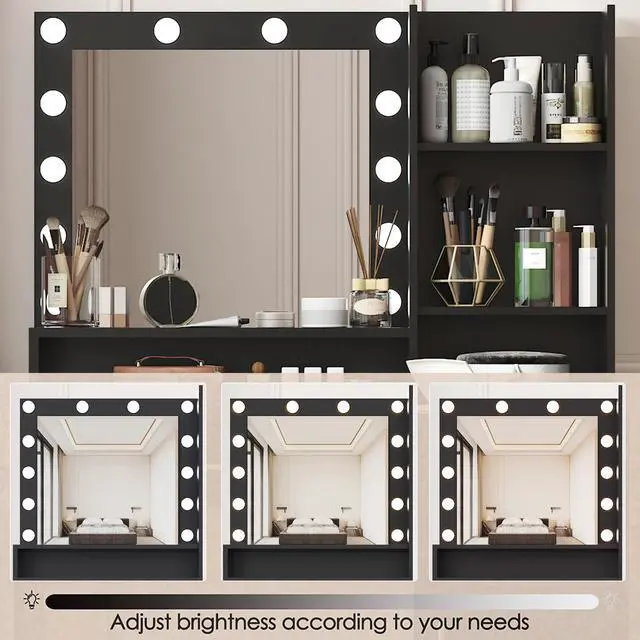 Alt view image 6 of 7 - Vanity Desk with Mirror & Light, Large Drawer Three Level Storage Dresser, 3 Lighting Modes Adjustable Brightness, Bedroom Dressing Table(black)