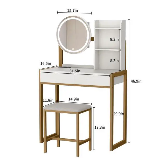 Alt view image 3 of 7 - Small Vanity Desk with Mirror and Lights, Makeup Vanity Table with LED Mirror, 3 Lighting Modes, Power Outlet, Drawer, Open Shelves and Cushioned Stool for Bedroom (White and Gold)