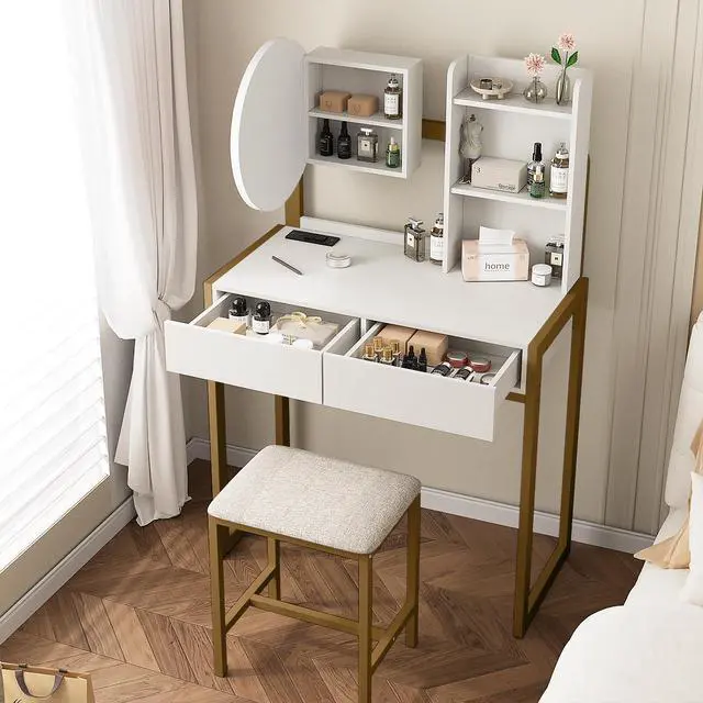 Alt view image 4 of 7 - Small Vanity Desk with Mirror and Lights, Makeup Vanity Table with LED Mirror, 3 Lighting Modes, Power Outlet, Drawer, Open Shelves and Cushioned Stool for Bedroom (White and Gold)