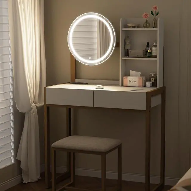 Alt view image 5 of 7 - Small Vanity Desk with Mirror and Lights, Makeup Vanity Table with LED Mirror, 3 Lighting Modes, Power Outlet, Drawer, Open Shelves and Cushioned Stool for Bedroom (White and Gold)