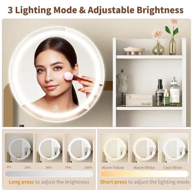 Alt view image 6 of 7 - Small Vanity Desk with Mirror and Lights, Makeup Vanity Table with LED Mirror, 3 Lighting Modes, Power Outlet, Drawer, Open Shelves and Cushioned Stool for Bedroom (White and Gold)