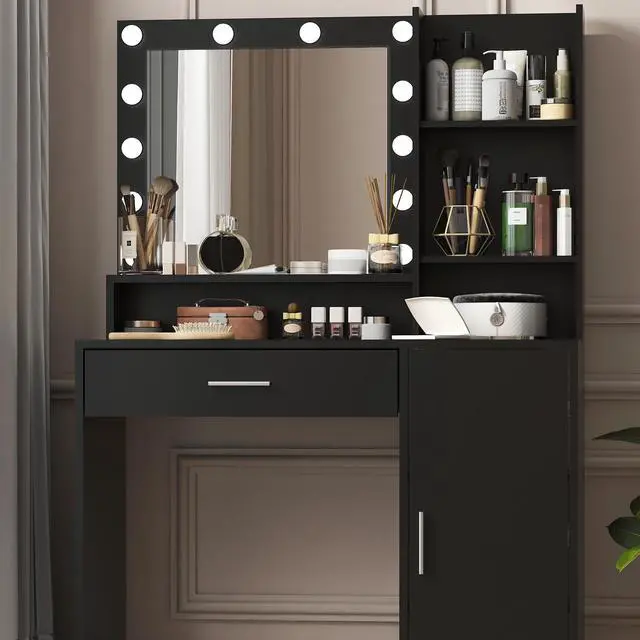 Alt view image 4 of 7 - Vanity Desk with Mirror & Light, Large Drawer Three Level Storage Dresser, 3 Lighting Modes Adjustable Brightness, Bedroom Dressing Table(black)