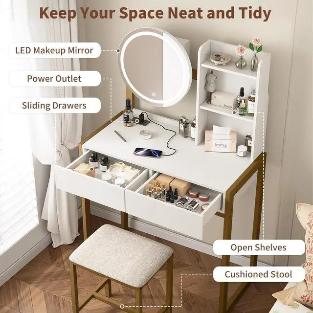 Alt view image 7 of 7 - Small Vanity Desk with Mirror and Lights, Makeup Vanity Table with LED Mirror, 3 Lighting Modes, Power Outlet, Drawer, Open Shelves and Cushioned Stool for Bedroom (White and Gold)
