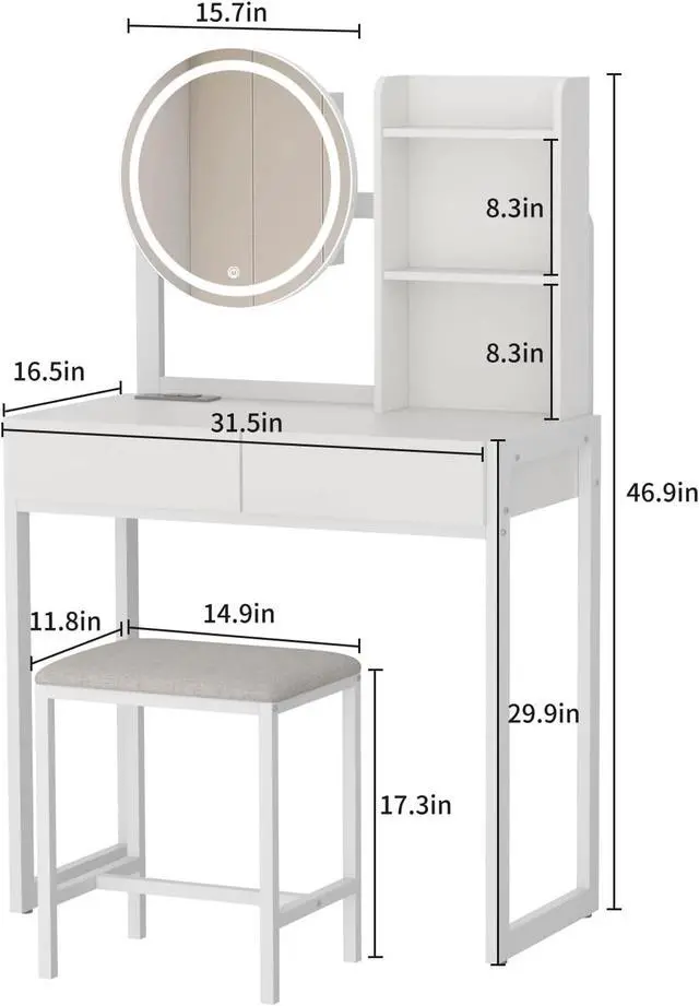 Alt view image 3 of 6 - Small Vanity Desk with Mirror and Lights, Makeup Vanity Table with LED Mirror, 3 Lighting Modes, Power Outlet, Drawer, Open Shelves and Cushioned Stool for Bedroom (White)