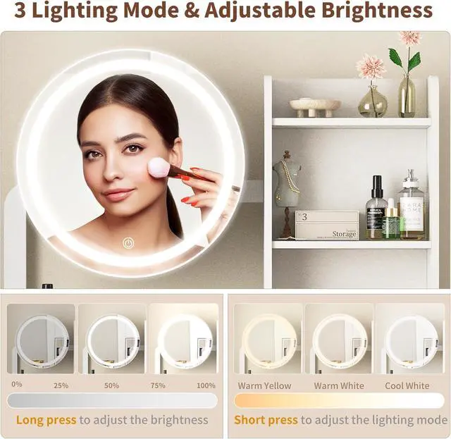 Alt view image 4 of 6 - Small Vanity Desk with Mirror and Lights, Makeup Vanity Table with LED Mirror, 3 Lighting Modes, Power Outlet, Drawer, Open Shelves and Cushioned Stool for Bedroom (White)