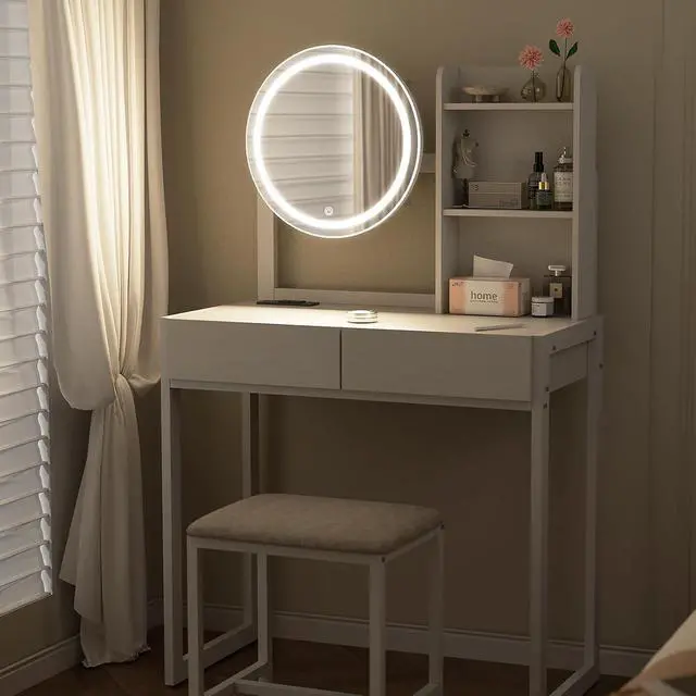 Alt view image 5 of 6 - Small Vanity Desk with Mirror and Lights, Makeup Vanity Table with LED Mirror, 3 Lighting Modes, Power Outlet, Drawer, Open Shelves and Cushioned Stool for Bedroom (White)