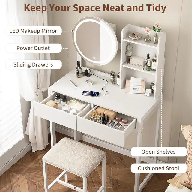 Alt view image 2 of 6 - Small Vanity Desk with Mirror and Lights, Makeup Vanity Table with LED Mirror, 3 Lighting Modes, Power Outlet, Drawer, Open Shelves and Cushioned Stool for Bedroom (White)