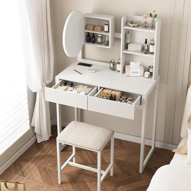 Alt view image 6 of 6 - Small Vanity Desk with Mirror and Lights, Makeup Vanity Table with LED Mirror, 3 Lighting Modes, Power Outlet, Drawer, Open Shelves and Cushioned Stool for Bedroom (White)