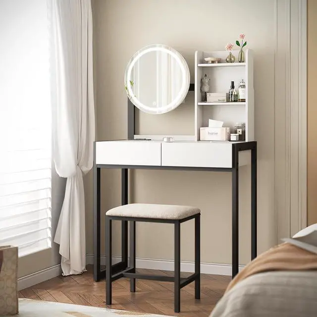 Alt view image 2 of 7 - Small Vanity Desk with Mirror and Lights, Makeup Vanity Table with LED Mirror, 3 Lighting Modes, Power Outlet, Drawer, Open Shelves and Cushioned Stool for Bedroom (White and Black)
