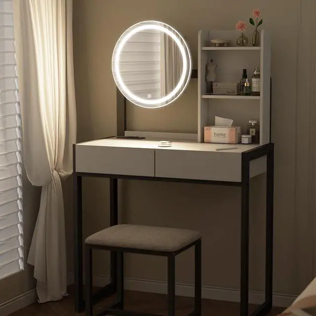 Alt view image 3 of 7 - Small Vanity Desk with Mirror and Lights, Makeup Vanity Table with LED Mirror, 3 Lighting Modes, Power Outlet, Drawer, Open Shelves and Cushioned Stool for Bedroom (White and Black)