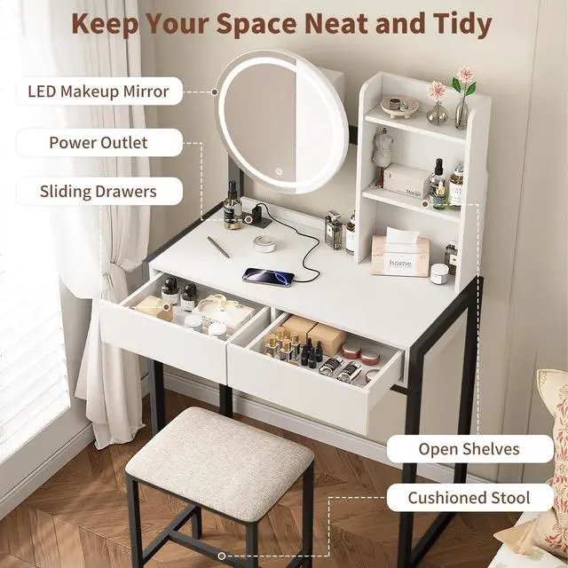 Alt view image 5 of 7 - Small Vanity Desk with Mirror and Lights, Makeup Vanity Table with LED Mirror, 3 Lighting Modes, Power Outlet, Drawer, Open Shelves and Cushioned Stool for Bedroom (White and Black)