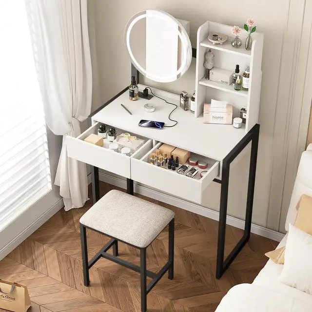 Alt view image 7 of 7 - Small Vanity Desk with Mirror and Lights, Makeup Vanity Table with LED Mirror, 3 Lighting Modes, Power Outlet, Drawer, Open Shelves and Cushioned Stool for Bedroom (White and Black)