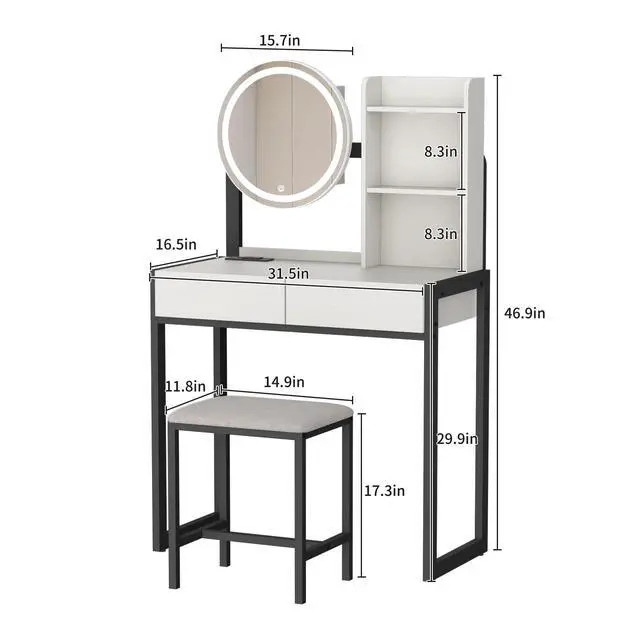 Alt view image 4 of 7 - Small Vanity Desk with Mirror and Lights, Makeup Vanity Table with LED Mirror, 3 Lighting Modes, Power Outlet, Drawer, Open Shelves and Cushioned Stool for Bedroom (White and Black)