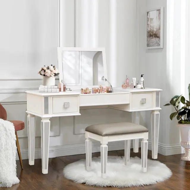 Alt view image 4 of 6 - Mirrored Vanities Desk with Drawers, Bedroom Makeup Vanity Table Set with Mirror and Stool, Flip Up Dressing Table for Bedroom/Makeup Room, Working Desk for Women, Girl Furniture Combo