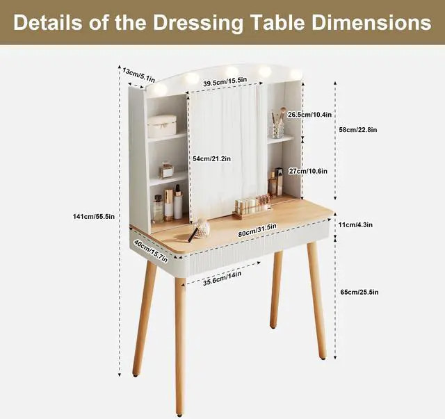 Alt view image 7 of 7 - Small Vanity Desk with Mirror and Lights, Big-capacity Storage and Sliding Mirror, Vanity Set with Two Fluted Drawers, 3 Lighting Colors Makeup Dressing Table(White)