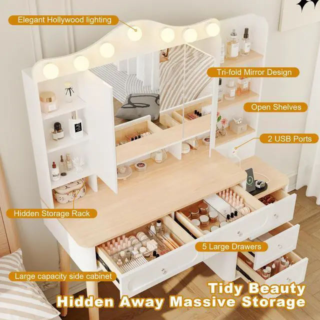 Alt view image 3 of 7 - Vanity Desk with Mirror and Lights,Makeup Vanity with 2 USB Power Strip,Vanity Set with Two Drawers and Three-drawer Chest, 3 Lighting Modes Adjustable Brightness, Foldable Three-sided Mirror(White)