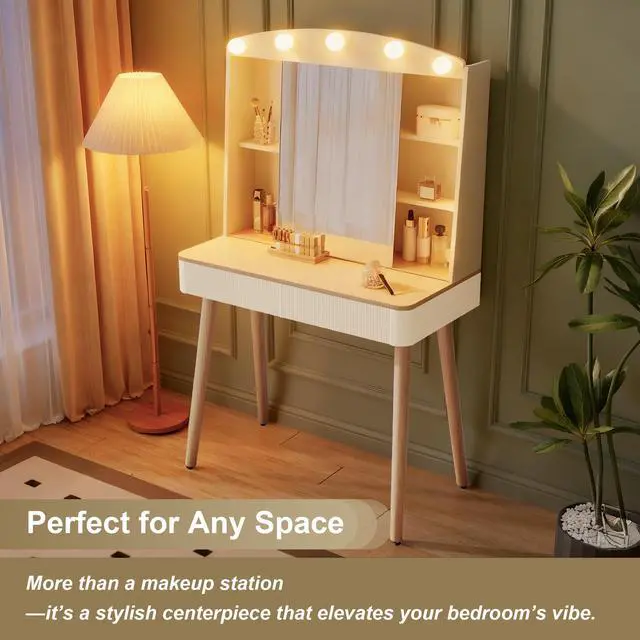 Alt view image 6 of 7 - Small Vanity Desk with Mirror and Lights, Big-capacity Storage and Sliding Mirror, Vanity Set with Two Fluted Drawers, 3 Lighting Colors Makeup Dressing Table(White)
