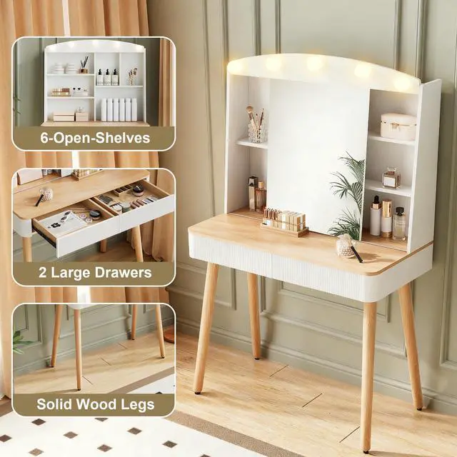 Alt view image 5 of 7 - Small Vanity Desk with Mirror and Lights, Big-capacity Storage and Sliding Mirror, Vanity Set with Two Fluted Drawers, 3 Lighting Colors Makeup Dressing Table(White)