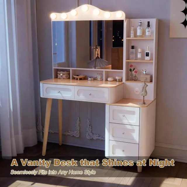Alt view image 2 of 7 - Vanity Desk with Mirror and Lights,Makeup Vanity with 2 USB Power Strip,Vanity Set with Two Drawers and Three-drawer Chest, 3 Lighting Modes Adjustable Brightness, Foldable Three-sided Mirror(White)