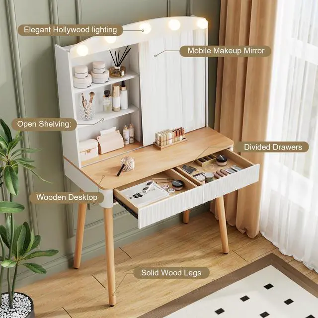 Alt view image 3 of 7 - Small Vanity Desk with Mirror and Lights, Big-capacity Storage and Sliding Mirror, Vanity Set with Two Fluted Drawers, 3 Lighting Colors Makeup Dressing Table(White)