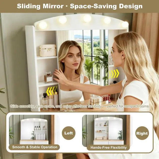 Alt view image 2 of 7 - Small Vanity Desk with Mirror and Lights, Big-capacity Storage and Sliding Mirror, Vanity Set with Two Fluted Drawers, 3 Lighting Colors Makeup Dressing Table(White)