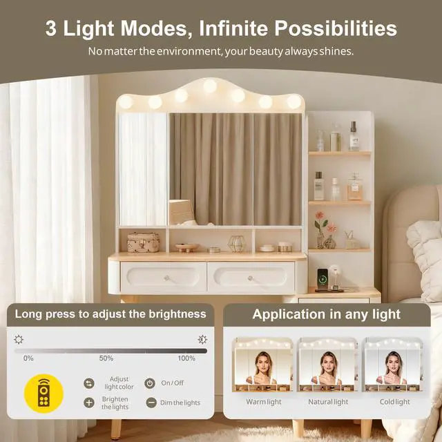 Alt view image 5 of 7 - Vanity Desk with Mirror and Lights,Makeup Vanity with 2 USB Power Strip,Vanity Set with Two Drawers and Three-drawer Chest, 3 Lighting Modes Adjustable Brightness, Foldable Three-sided Mirror(White)