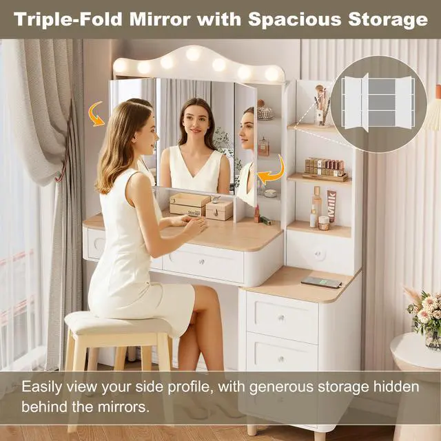 Alt view image 4 of 7 - Vanity Desk with Mirror and Lights,Makeup Vanity with 2 USB Power Strip,Vanity Set with Two Drawers and Three-drawer Chest, 3 Lighting Modes Adjustable Brightness, Foldable Three-sided Mirror(White)