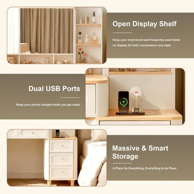 Alt view image 6 of 7 - Vanity Desk with Mirror and Lights,Makeup Vanity with 2 USB Power Strip,Vanity Set with Two Drawers and Three-drawer Chest, 3 Lighting Modes Adjustable Brightness, Foldable Three-sided Mirror(White)