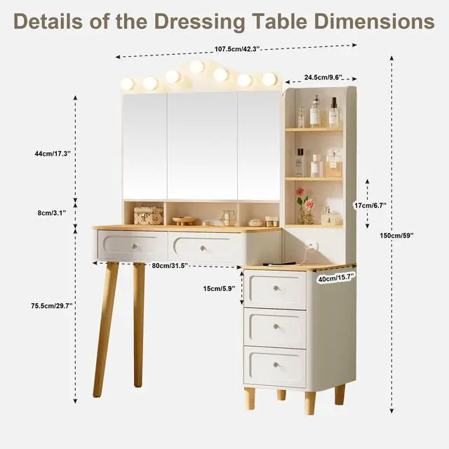 Alt view image 7 of 7 - Vanity Desk with Mirror and Lights,Makeup Vanity with 2 USB Power Strip,Vanity Set with Two Drawers and Three-drawer Chest, 3 Lighting Modes Adjustable Brightness, Foldable Three-sided Mirror(White)