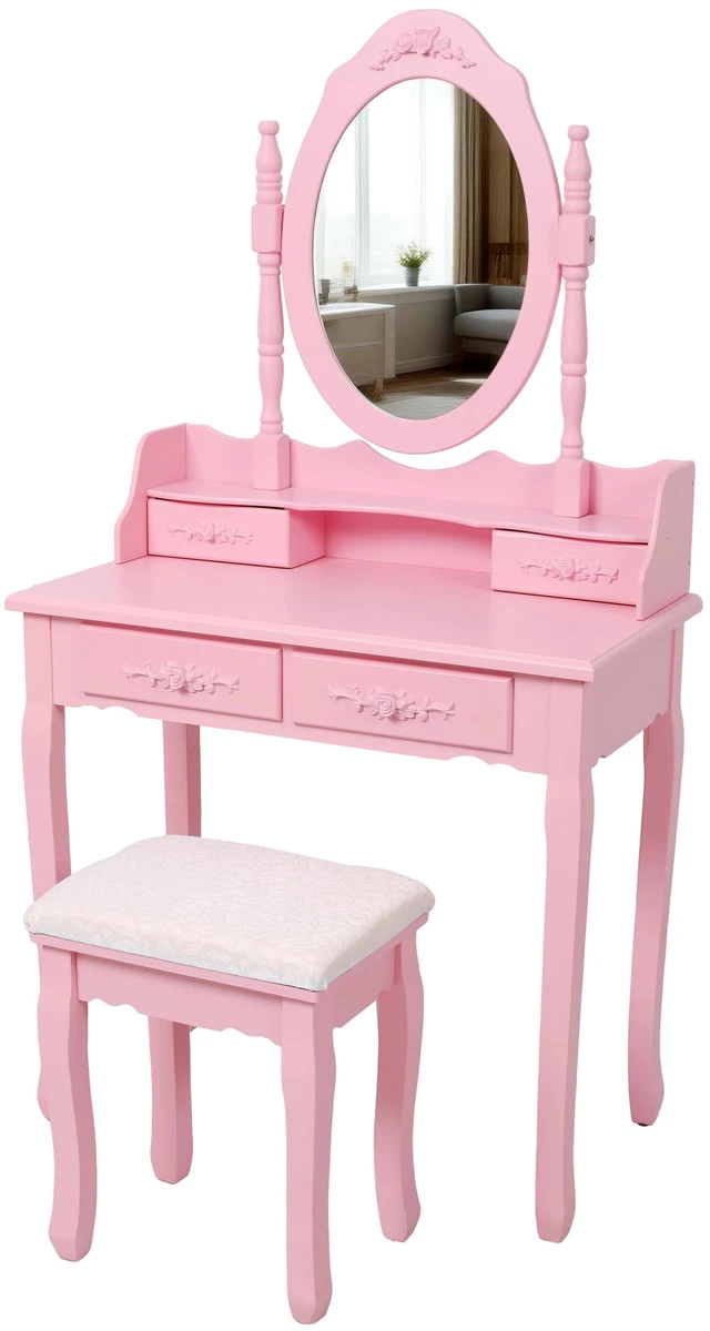 Alt view image 2 of 7 - Pink Princess Vanity Desk Set with Mirror & Cushioned Stool, 4-Drawer Wooden Makeup Vanity Table for Girls' Bedroom, Dressing Table with Ample Storage
