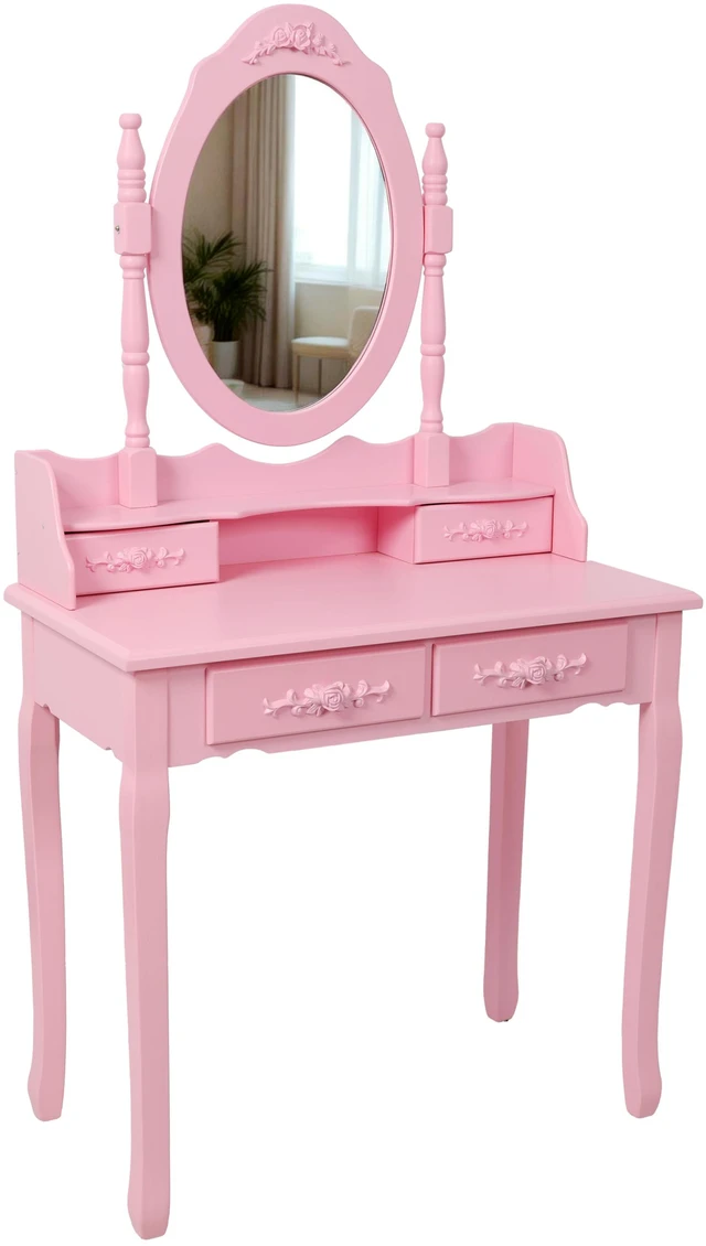 Alt view image 5 of 7 - Pink Princess Vanity Desk Set with Mirror & Cushioned Stool, 4-Drawer Wooden Makeup Vanity Table for Girls' Bedroom, Dressing Table with Ample Storage