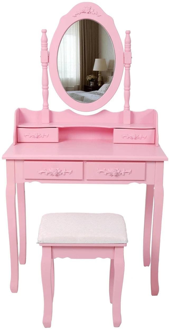 Alt view image 4 of 7 - Pink Princess Vanity Desk Set with Mirror & Cushioned Stool, 4-Drawer Wooden Makeup Vanity Table for Girls' Bedroom, Dressing Table with Ample Storage