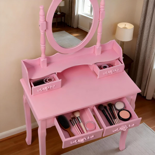 Alt view image 3 of 7 - Pink Princess Vanity Desk Set with Mirror & Cushioned Stool, 4-Drawer Wooden Makeup Vanity Table for Girls' Bedroom, Dressing Table with Ample Storage
