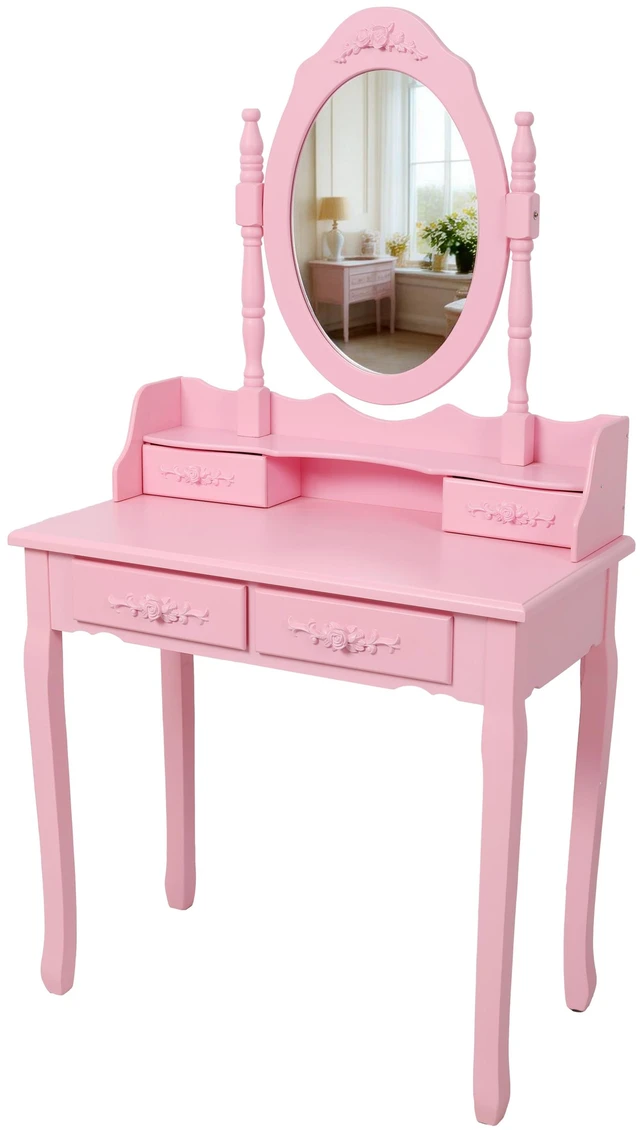 Alt view image 6 of 7 - Pink Princess Vanity Desk Set with Mirror & Cushioned Stool, 4-Drawer Wooden Makeup Vanity Table for Girls' Bedroom, Dressing Table with Ample Storage