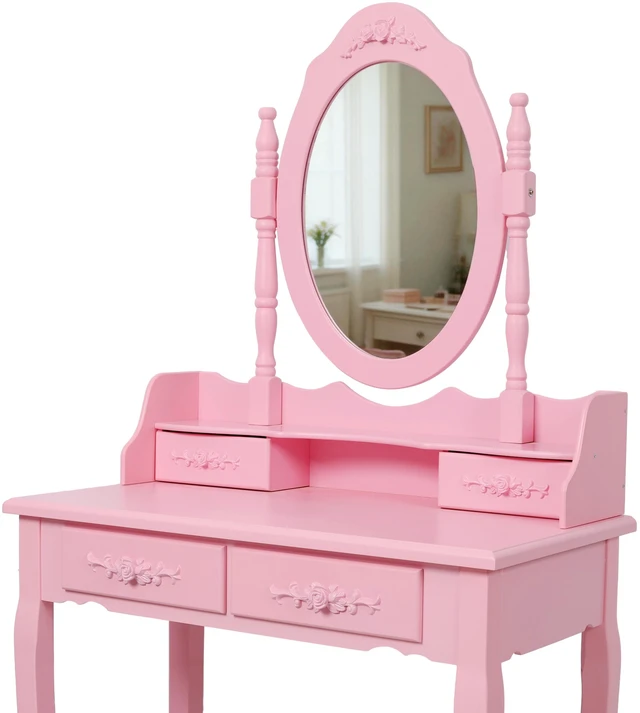 Alt view image 7 of 7 - Pink Princess Vanity Desk Set with Mirror & Cushioned Stool, 4-Drawer Wooden Makeup Vanity Table for Girls' Bedroom, Dressing Table with Ample Storage