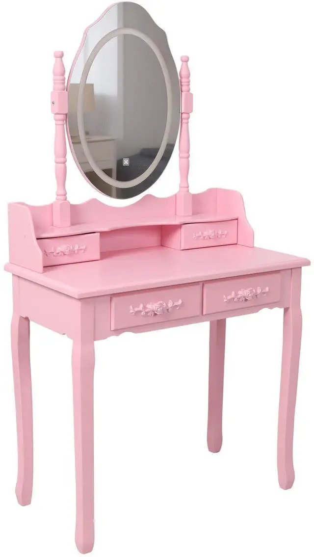 Alt view image 3 of 7 - Pink Princess Vanity Desk Set with Mirror & Cushioned Stool,Light Modes,4-Drawer Wooden Makeup Vanity Table for Girls' Bedroom, Dressing Table with Ample Storage