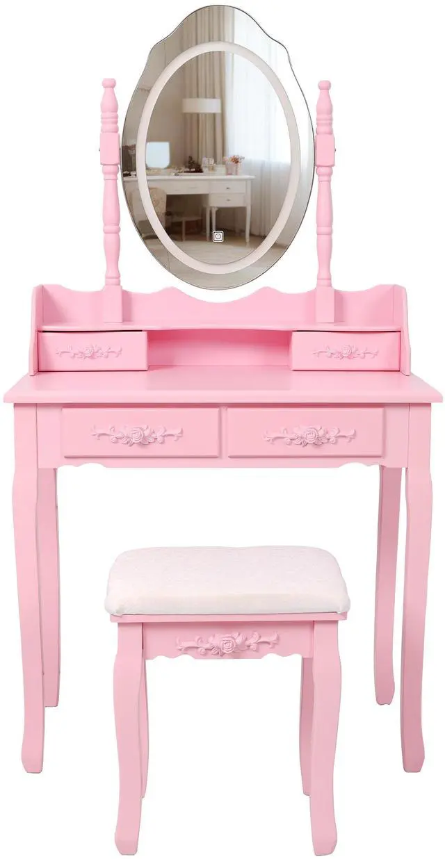 Alt view image 7 of 7 - Pink Princess Vanity Desk Set with Mirror & Cushioned Stool,Light Modes,4-Drawer Wooden Makeup Vanity Table for Girls' Bedroom, Dressing Table with Ample Storage
