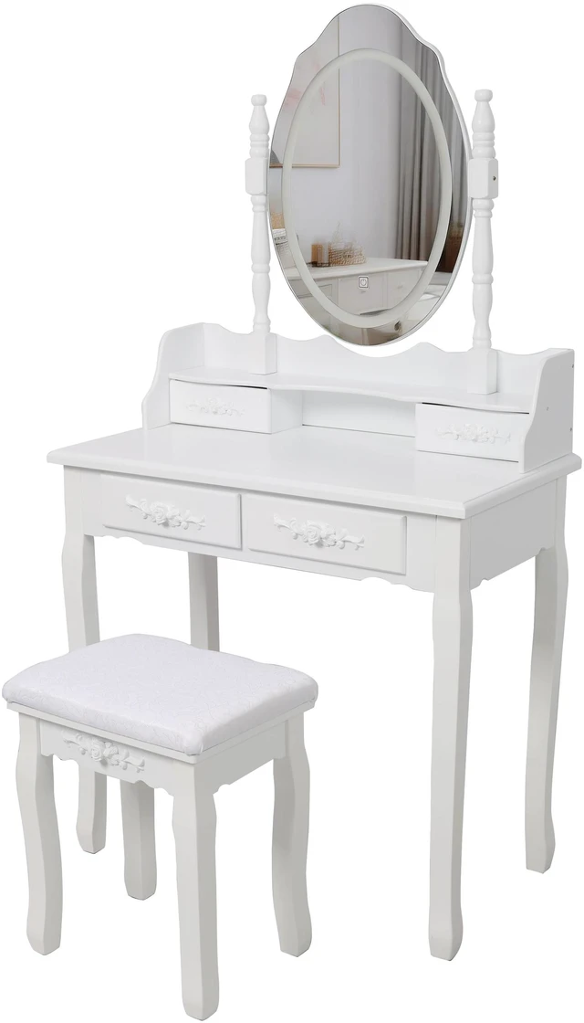 Alt view image 2 of 7 - White Princess Vanity Desk Set with Mirror & Cushioned Stool,Light Modes,4-Drawer Wooden Makeup Vanity Table for Girls' Bedroom, Dressing Table with Ample Storage