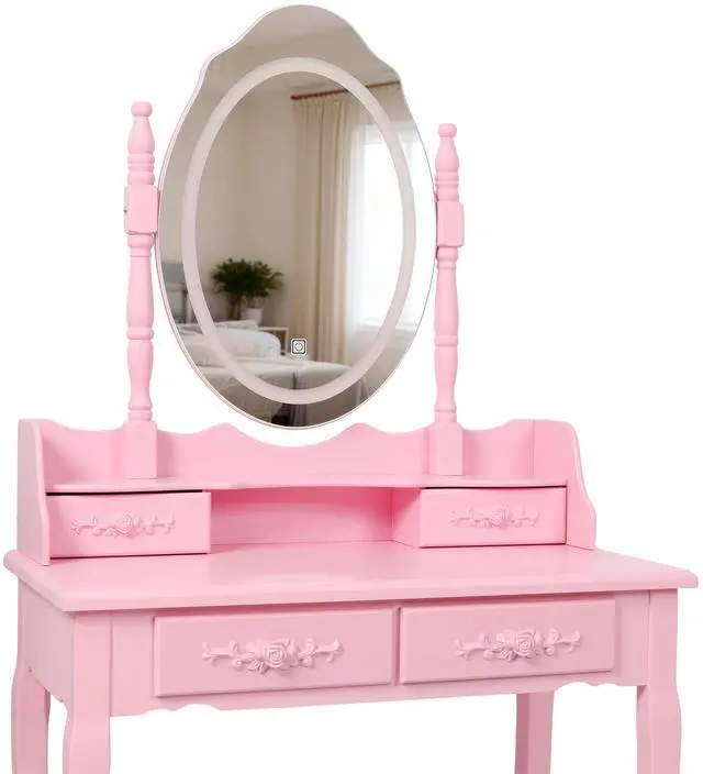 Alt view image 4 of 7 - Pink Princess Vanity Desk Set with Mirror & Cushioned Stool,Light Modes,4-Drawer Wooden Makeup Vanity Table for Girls' Bedroom, Dressing Table with Ample Storage