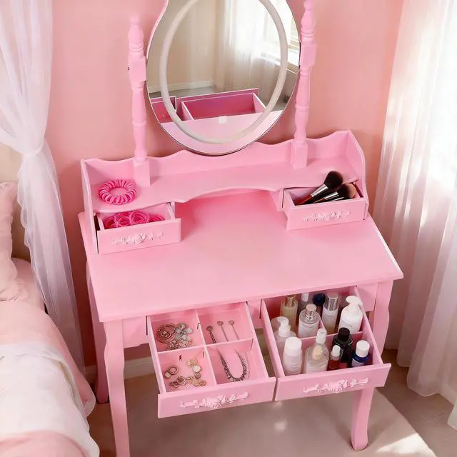 Alt view image 6 of 7 - Pink Princess Vanity Desk Set with Mirror & Cushioned Stool,Light Modes,4-Drawer Wooden Makeup Vanity Table for Girls' Bedroom, Dressing Table with Ample Storage