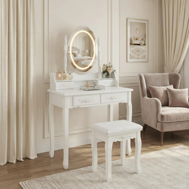 Main image of White Princess Vanity Desk Set with Mirror & Cushioned Stool,Light Modes,4-Drawer Wooden Makeup Vanity Table for Girls' Bedroom, Dressing Table with Ample Storage