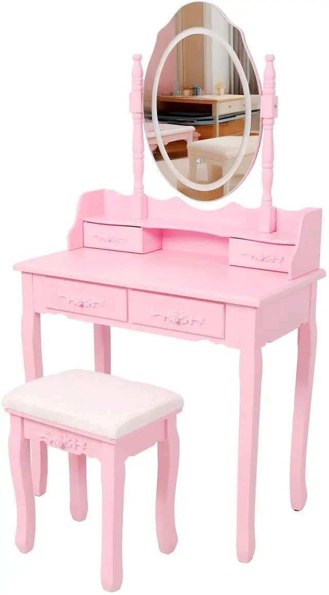 Alt view image 2 of 7 - Pink Princess Vanity Desk Set with Mirror & Cushioned Stool,Light Modes,4-Drawer Wooden Makeup Vanity Table for Girls' Bedroom, Dressing Table with Ample Storage