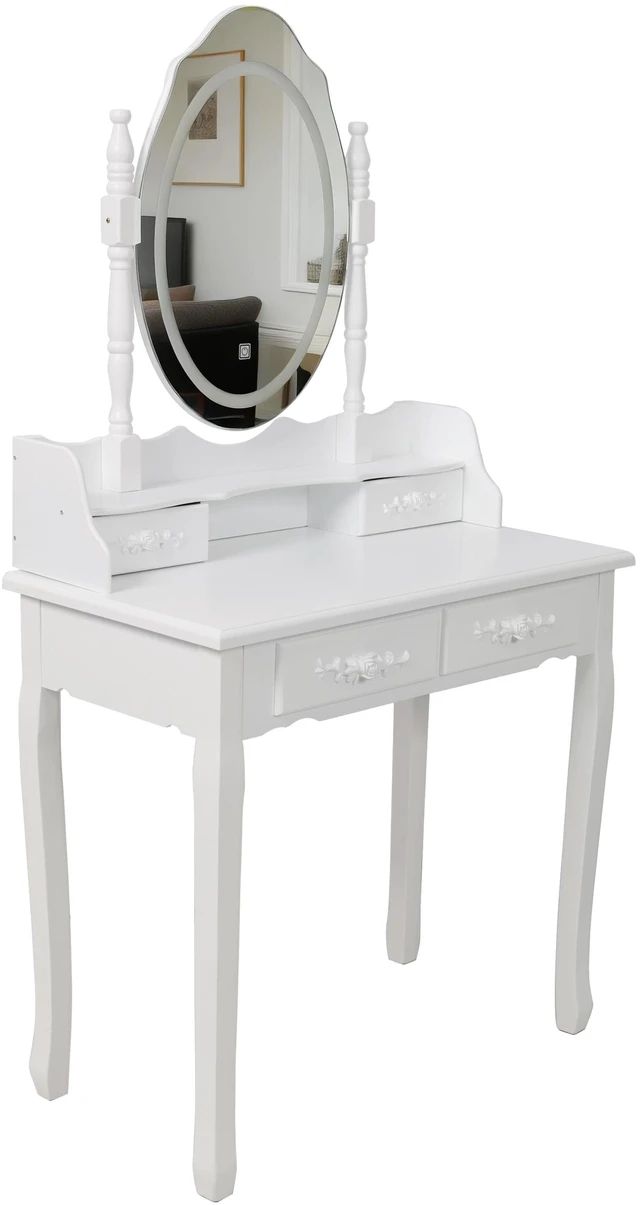 Alt view image 3 of 7 - White Princess Vanity Desk Set with Mirror & Cushioned Stool,Light Modes,4-Drawer Wooden Makeup Vanity Table for Girls' Bedroom, Dressing Table with Ample Storage