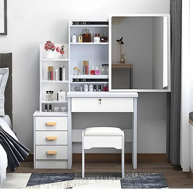 Alt view image 2 of 7 - Fashion Vanity Desk with Mirror and Lights for Makeup and Chair, Vanity Mirror with Lights and Table Set with 3 Color Lighting Brightness Adjustable, 4 Drawers, White Color