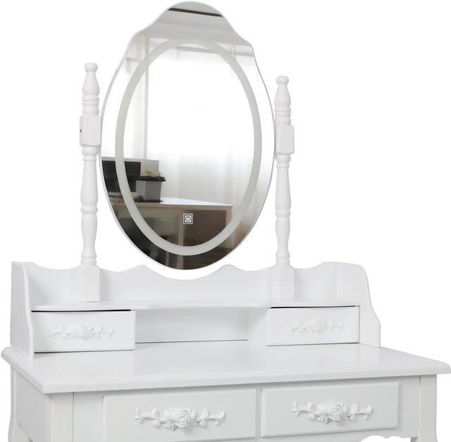 Alt view image 6 of 7 - White Princess Vanity Desk Set with Mirror & Cushioned Stool,Light Modes,4-Drawer Wooden Makeup Vanity Table for Girls' Bedroom, Dressing Table with Ample Storage