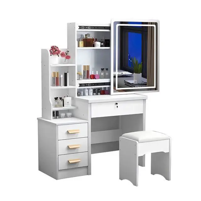 Alt view image 4 of 7 - Fashion Vanity Desk with Mirror and Lights for Makeup and Chair, Vanity Mirror with Lights and Table Set with 3 Color Lighting Brightness Adjustable, 4 Drawers, White Color