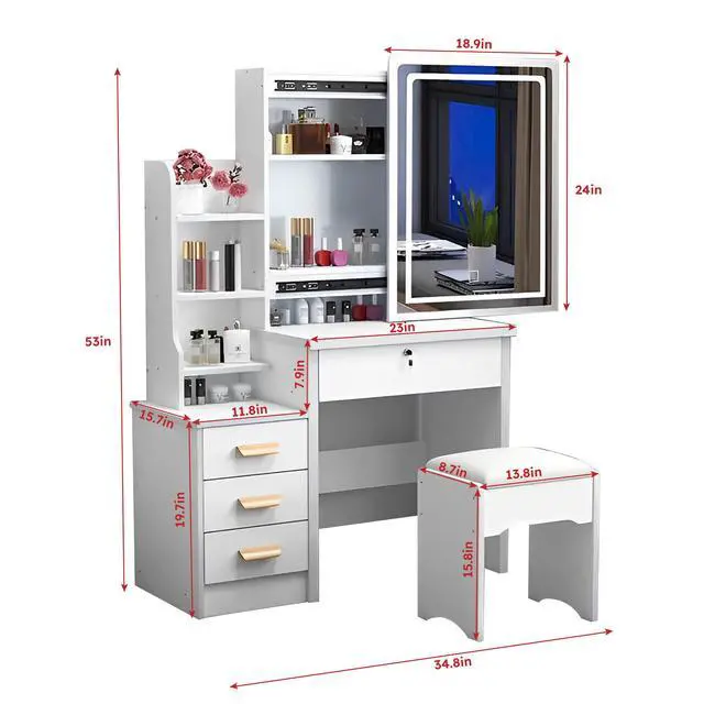 Alt view image 3 of 7 - Fashion Vanity Desk with Mirror and Lights for Makeup and Chair, Vanity Mirror with Lights and Table Set with 3 Color Lighting Brightness Adjustable, 4 Drawers, White Color