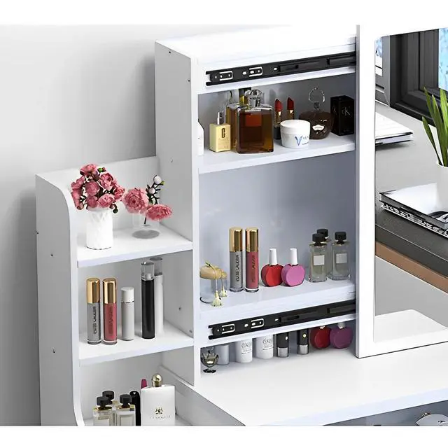 Alt view image 5 of 7 - Fashion Vanity Desk with Mirror and Lights for Makeup and Chair, Vanity Mirror with Lights and Table Set with 3 Color Lighting Brightness Adjustable, 4 Drawers, White Color