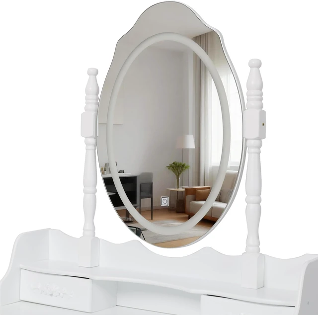 Alt view image 7 of 7 - White Princess Vanity Desk Set with Mirror & Cushioned Stool,Light Modes,4-Drawer Wooden Makeup Vanity Table for Girls' Bedroom, Dressing Table with Ample Storage