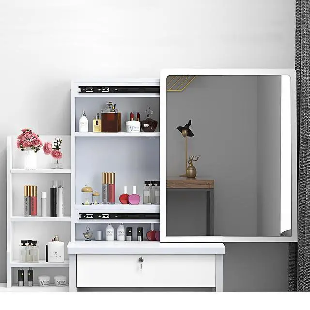 Alt view image 7 of 7 - Fashion Vanity Desk with Mirror and Lights for Makeup and Chair, Vanity Mirror with Lights and Table Set with 3 Color Lighting Brightness Adjustable, 4 Drawers, White Color